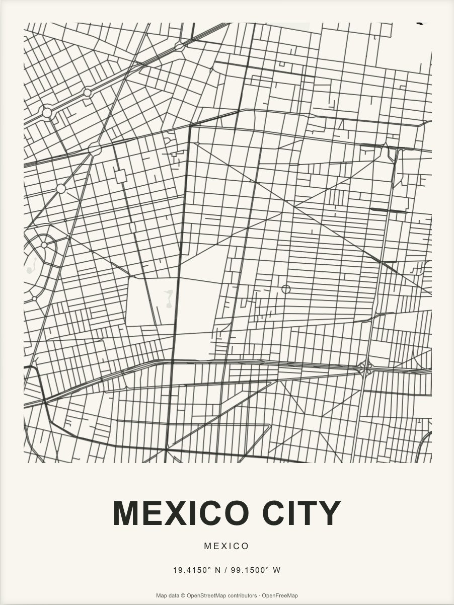 Closer Mexico City street map in dark ink on warm paper