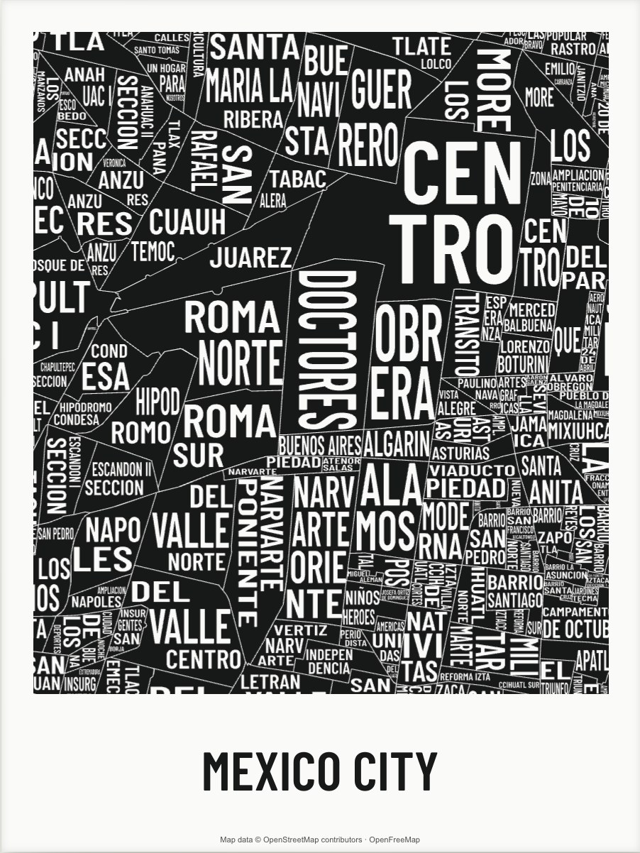 Mexico City map made from the names of its mapped areas