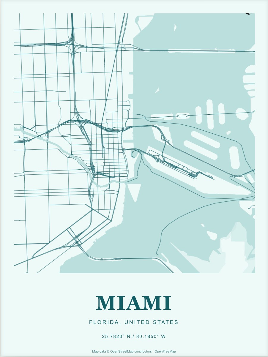 Miami street map print in Lagoon