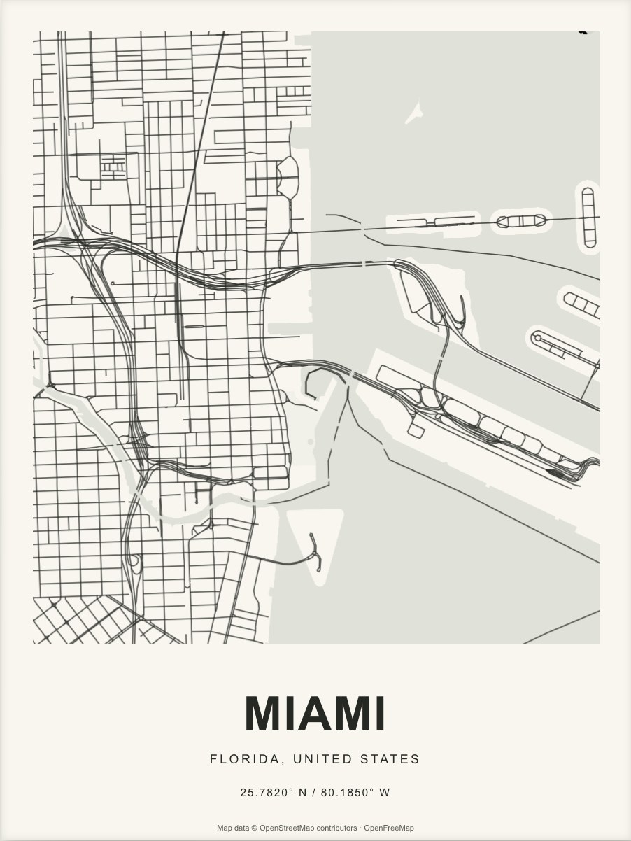 Closer Miami street map in dark ink on warm paper