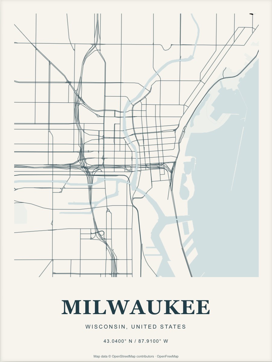 Milwaukee street map print in Atlantic