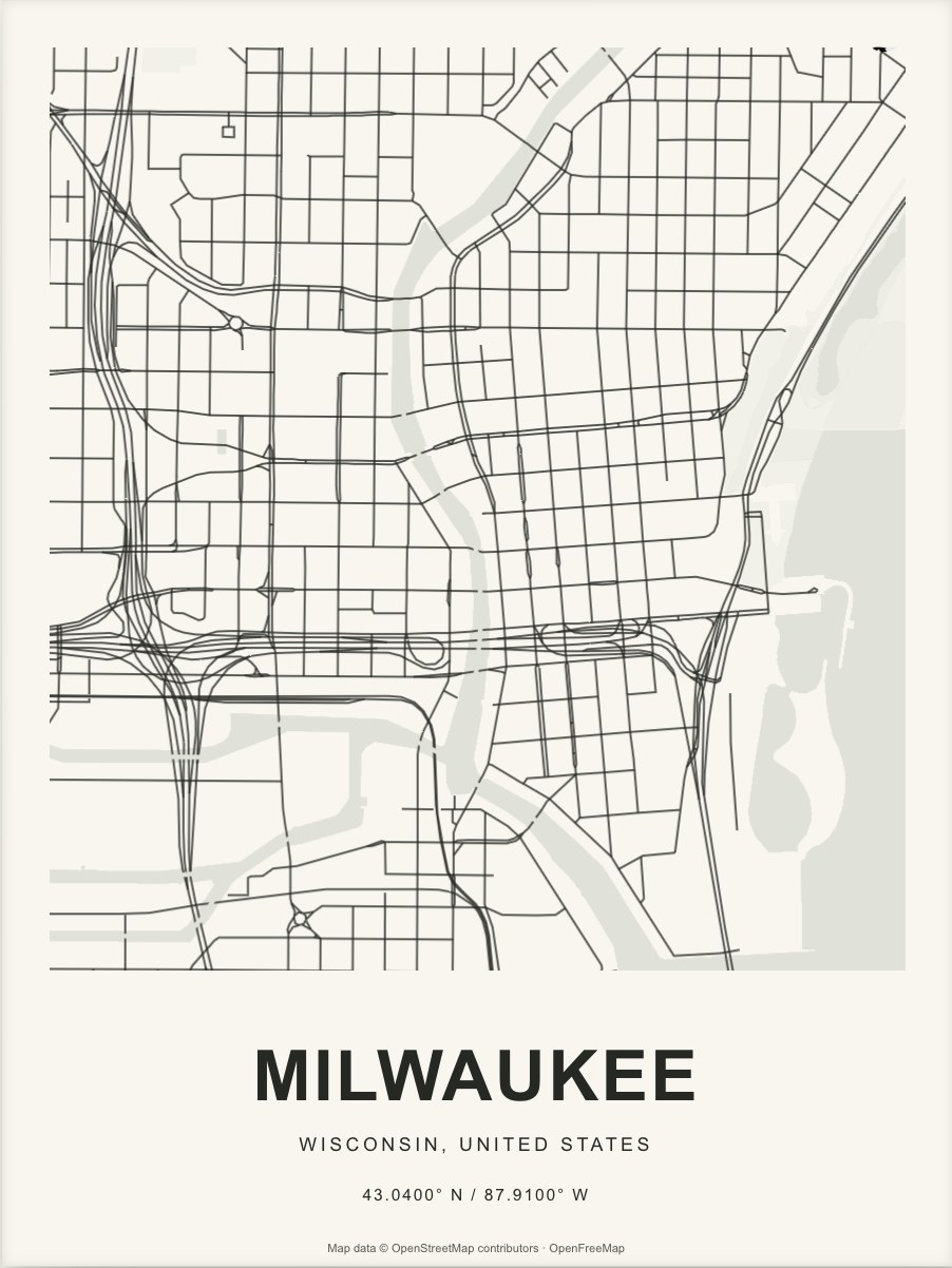 Closer Milwaukee street map in dark ink on warm paper
