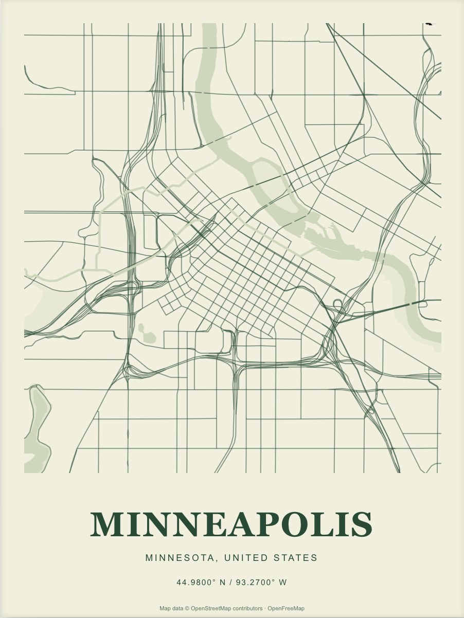 Minneapolis street map print in Forest