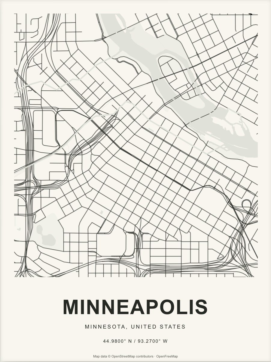 Closer Minneapolis street map in dark ink on warm paper