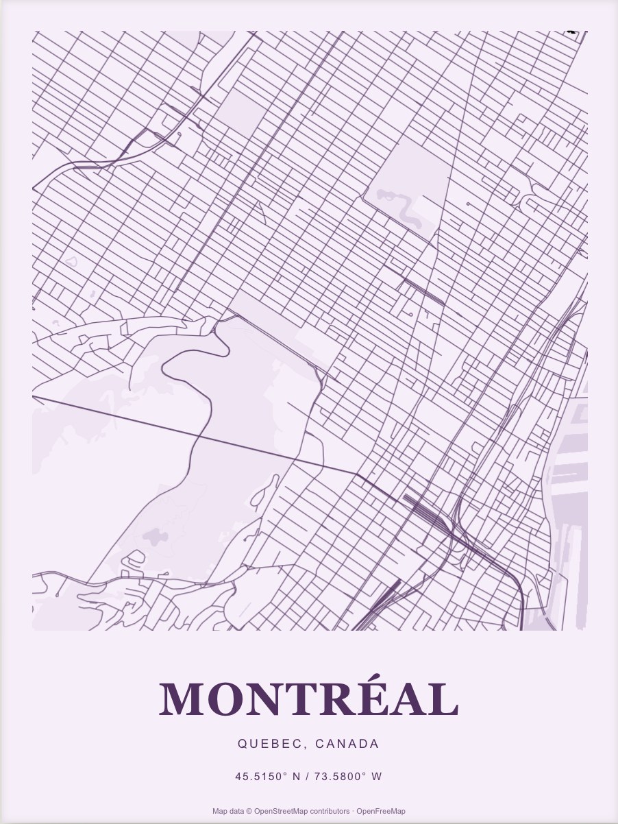 Montréal street map print in Plum