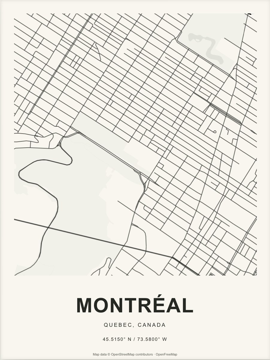 Closer Montréal street map in dark ink on warm paper