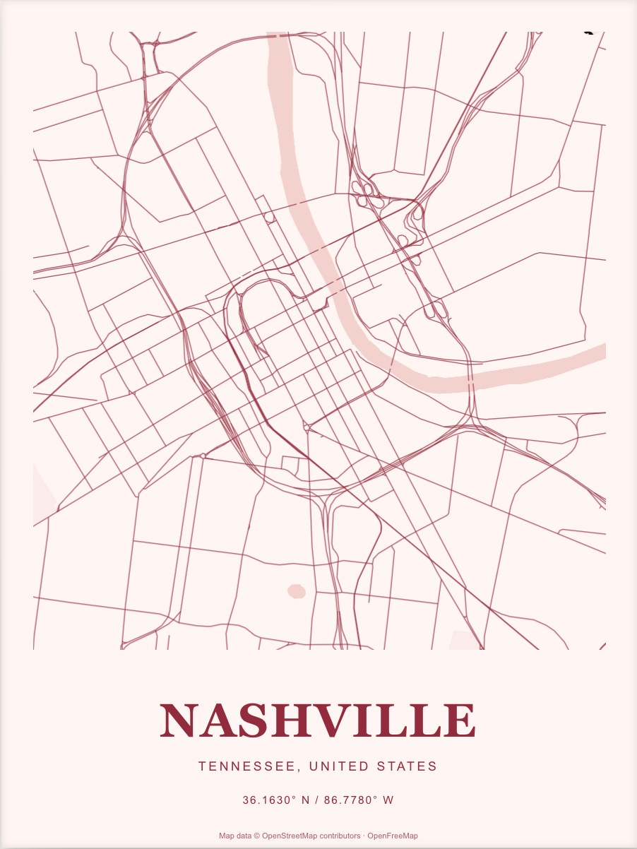 Nashville street map print in Cherry
