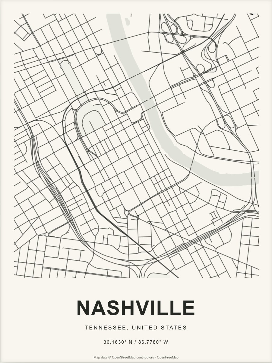 Closer Nashville street map in dark ink on warm paper