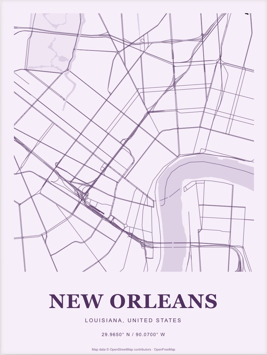 New Orleans street map print in Plum