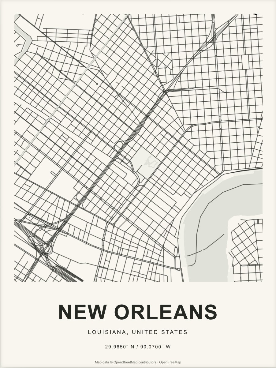 Closer New Orleans street map in dark ink on warm paper