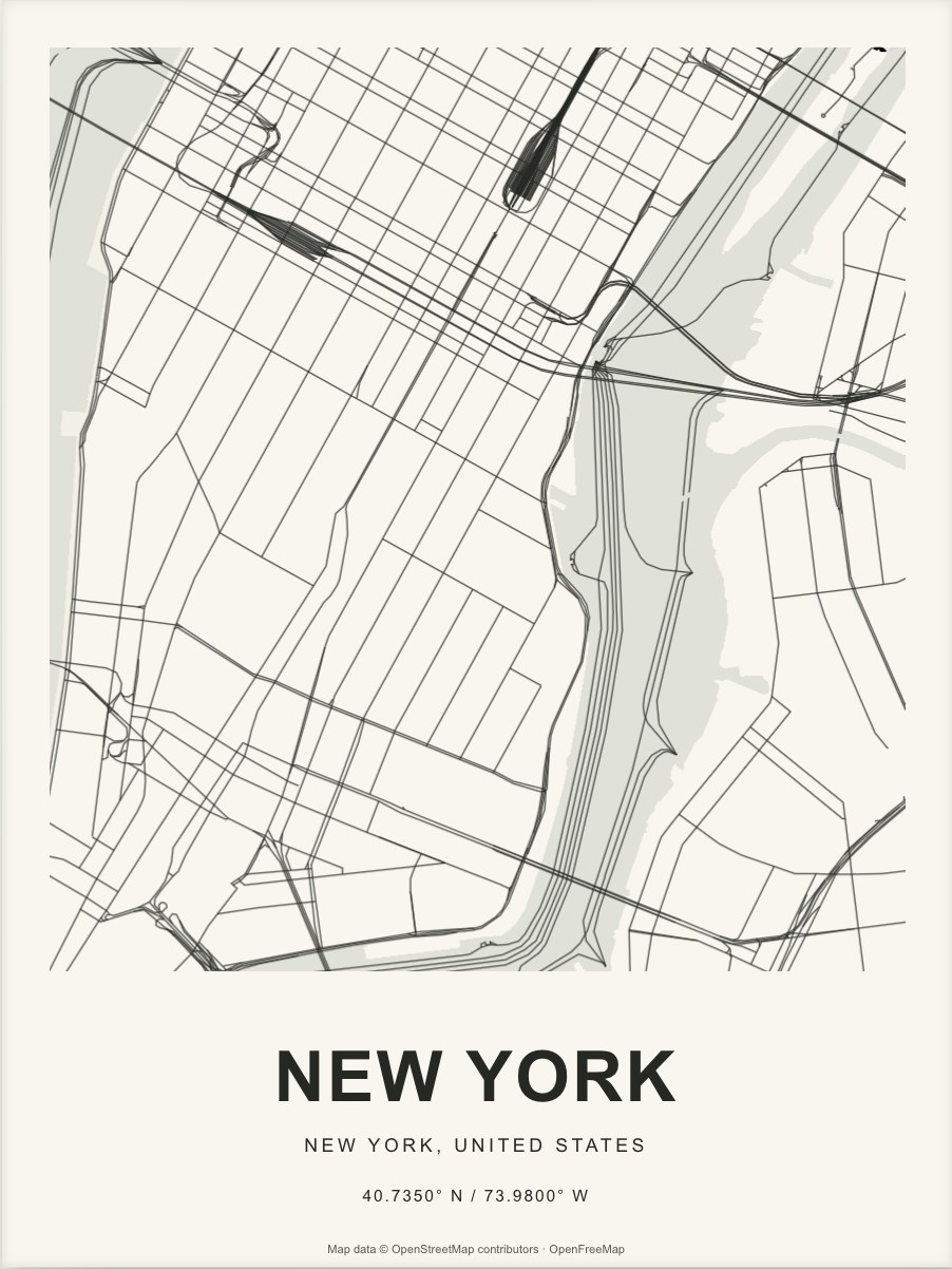 Closer New York street map in dark ink on warm paper