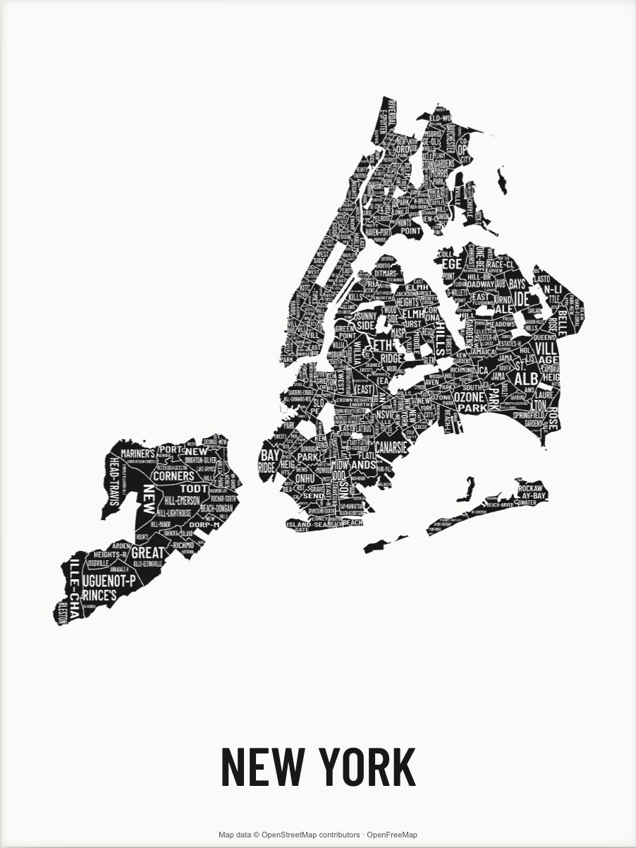 New York map made from the names of its mapped areas