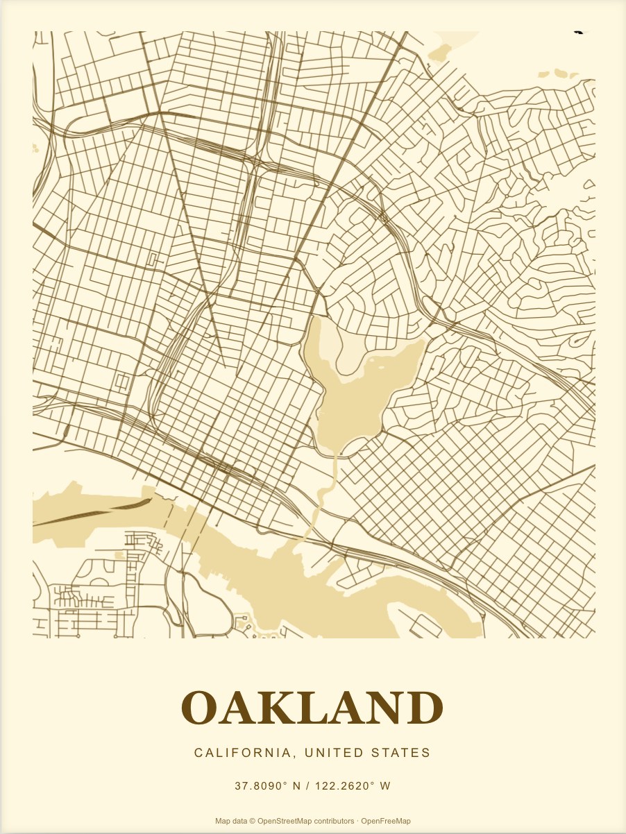 Oakland street map print in Sunflower