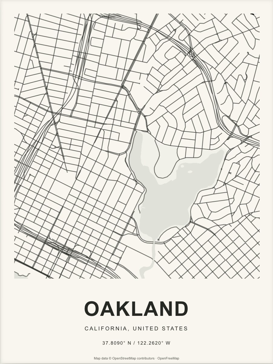 Closer Oakland street map in dark ink on warm paper