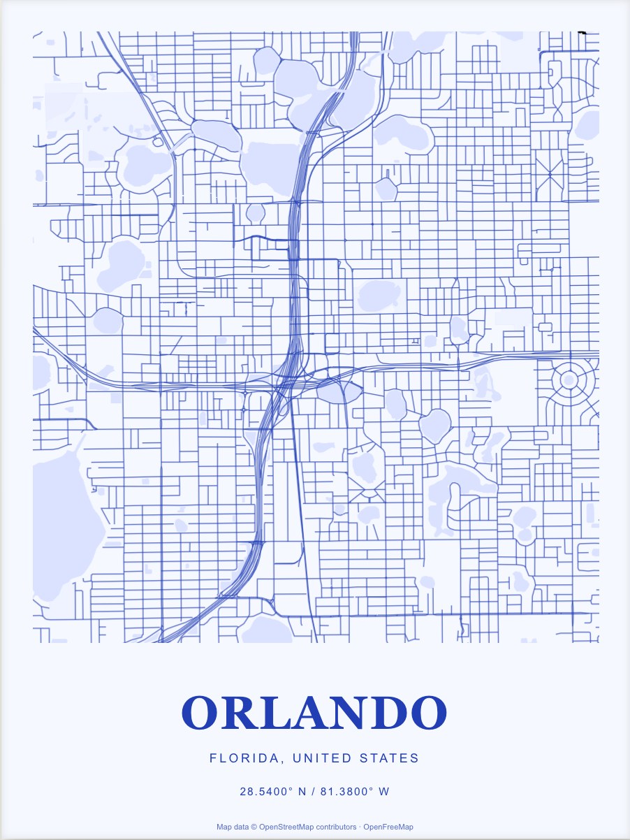 Orlando street map print in Cobalt