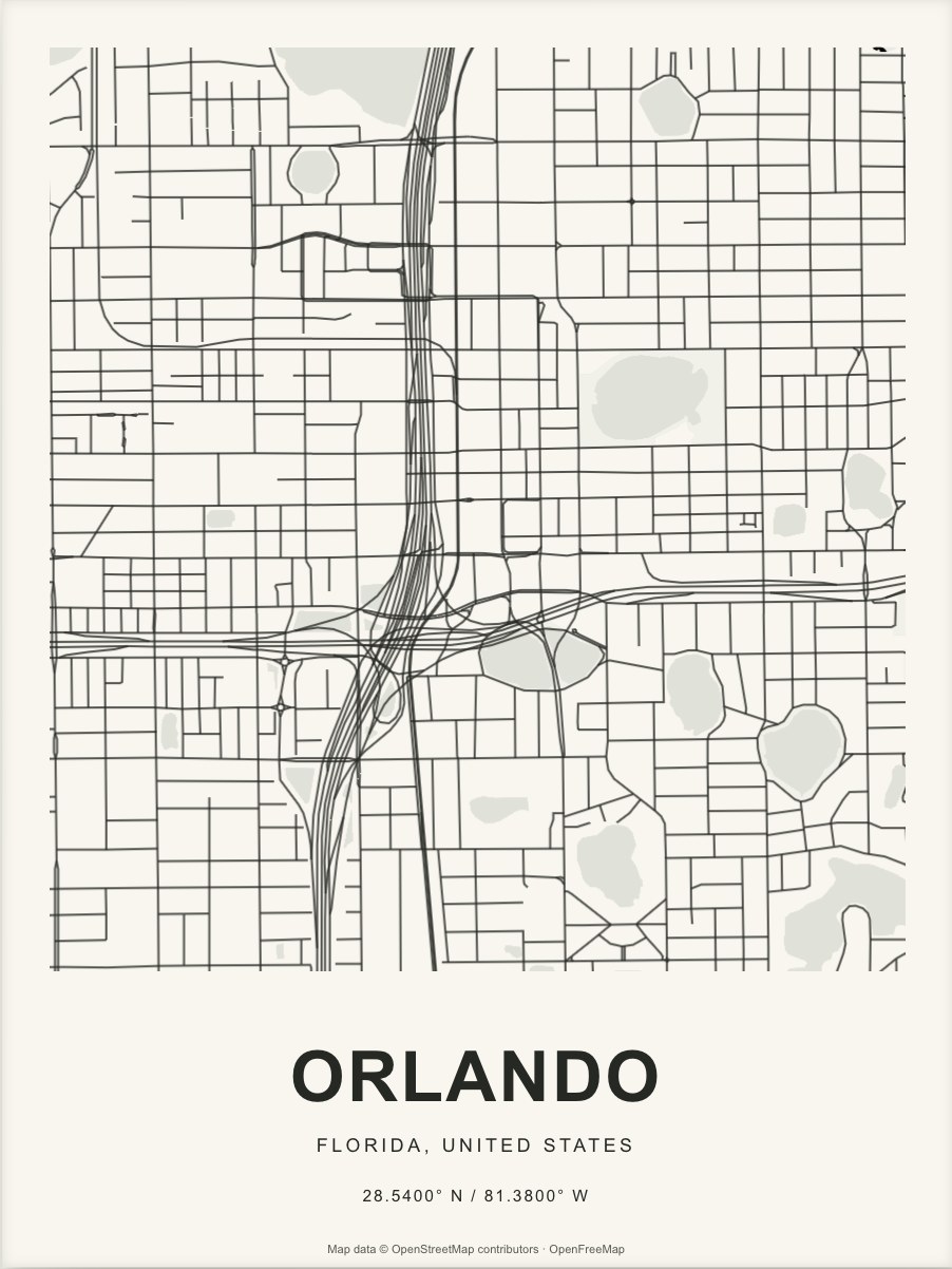 Closer Orlando street map in dark ink on warm paper