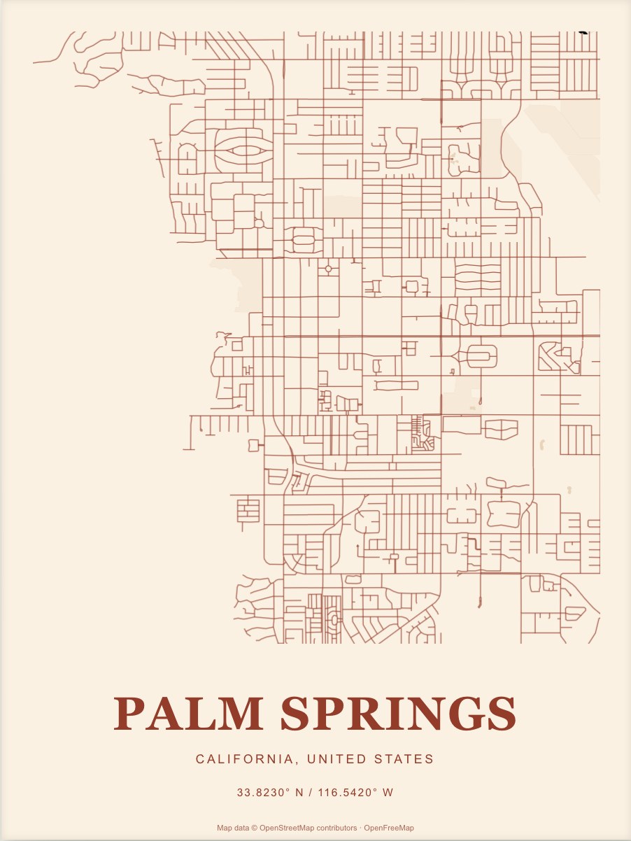 Palm Springs street map print in Terracotta