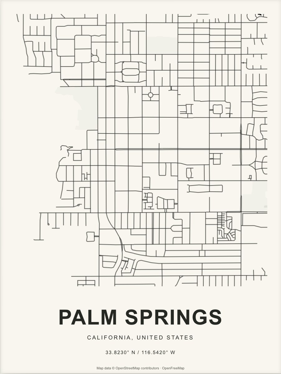 Closer Palm Springs street map in dark ink on warm paper