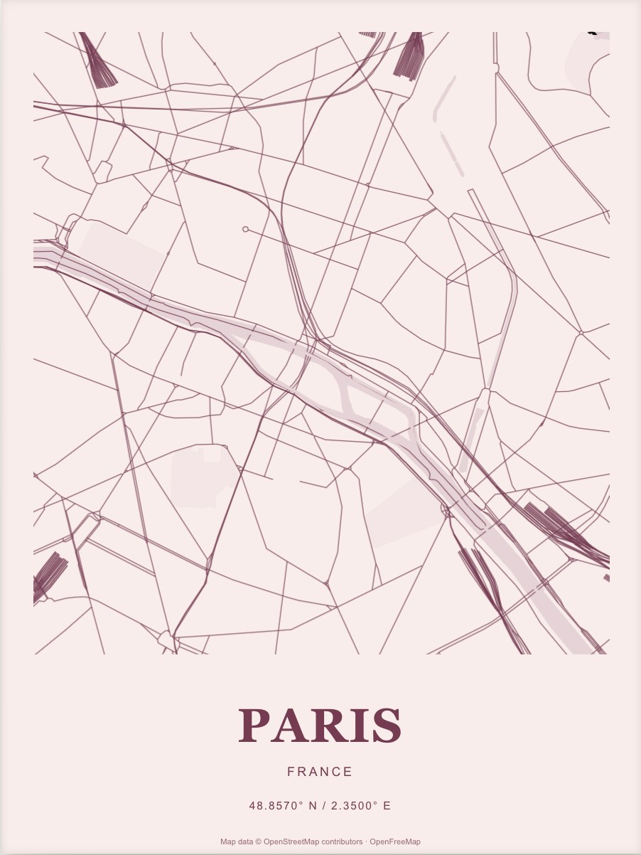 Paris street map print in Rosé