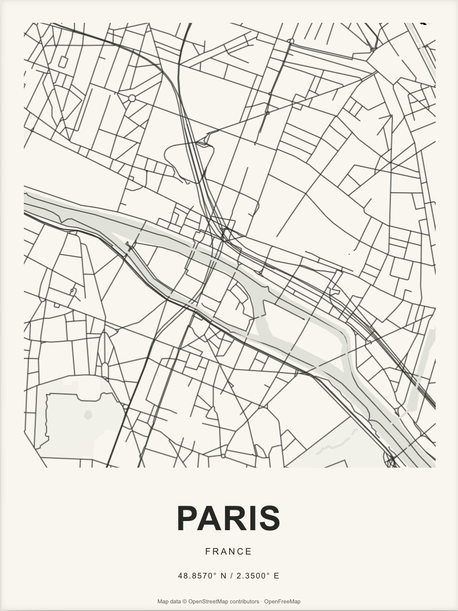 Closer Paris street map in dark ink on warm paper
