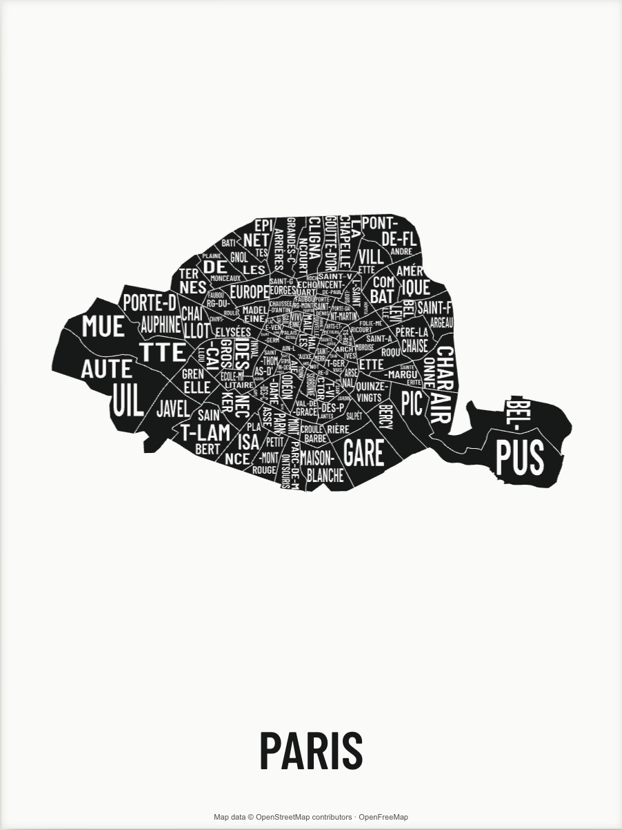 Paris map made from the names of its mapped areas