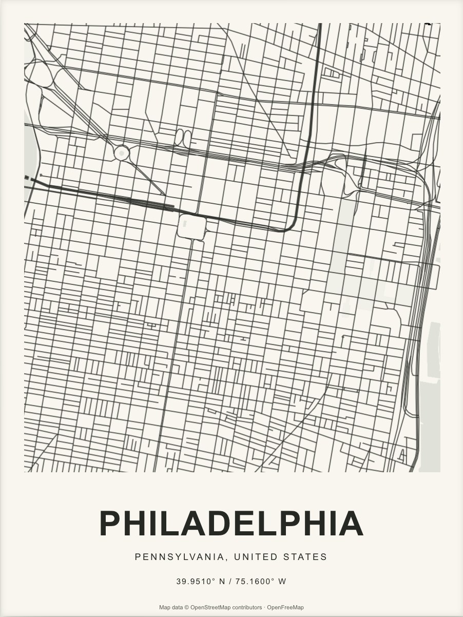 Closer Philadelphia street map in dark ink on warm paper
