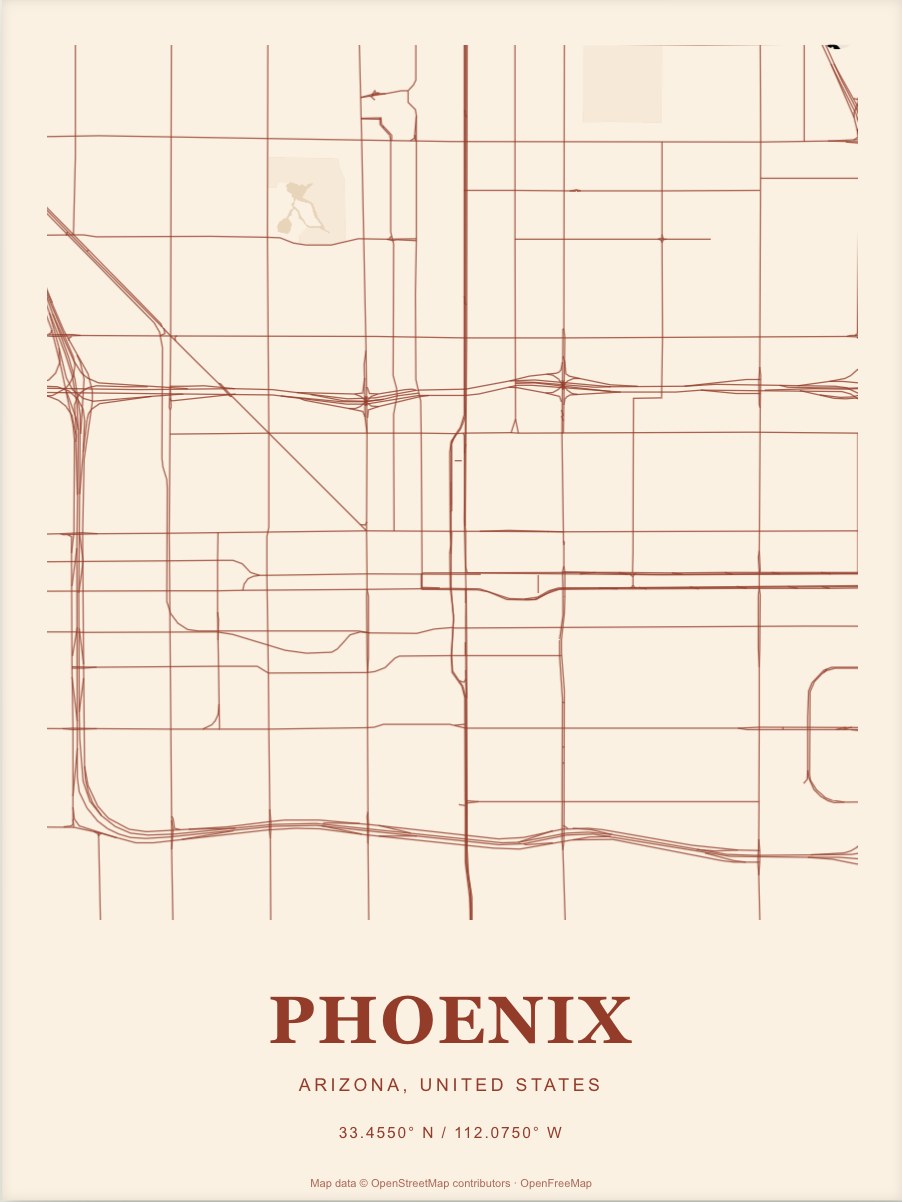Phoenix street map print in Terracotta