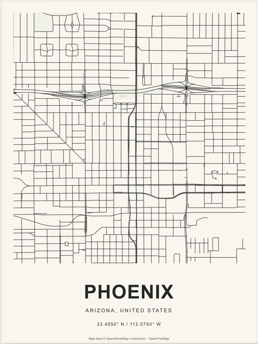 Closer Phoenix street map in dark ink on warm paper