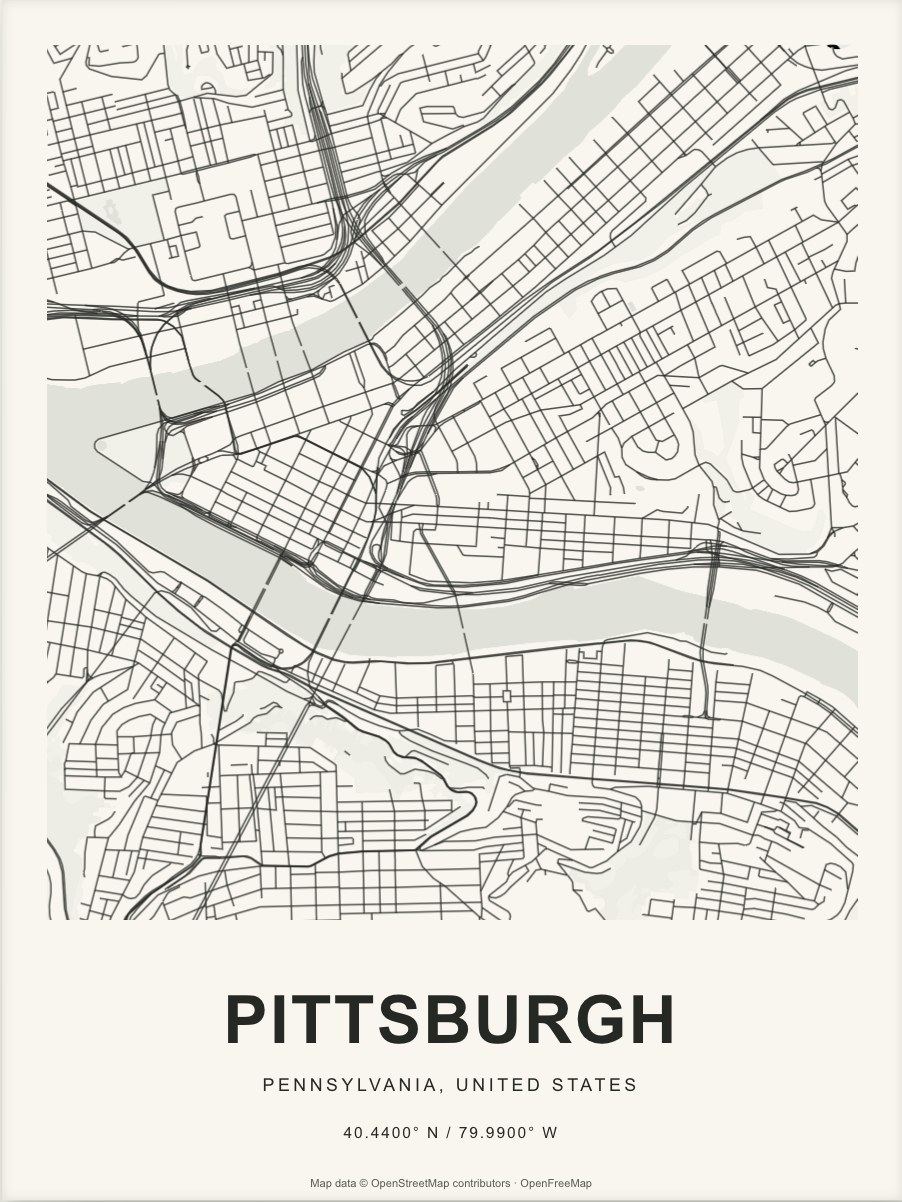 Closer Pittsburgh street map in dark ink on warm paper
