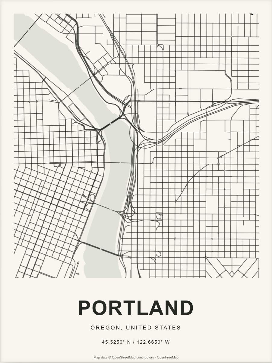 Closer Portland street map in dark ink on warm paper