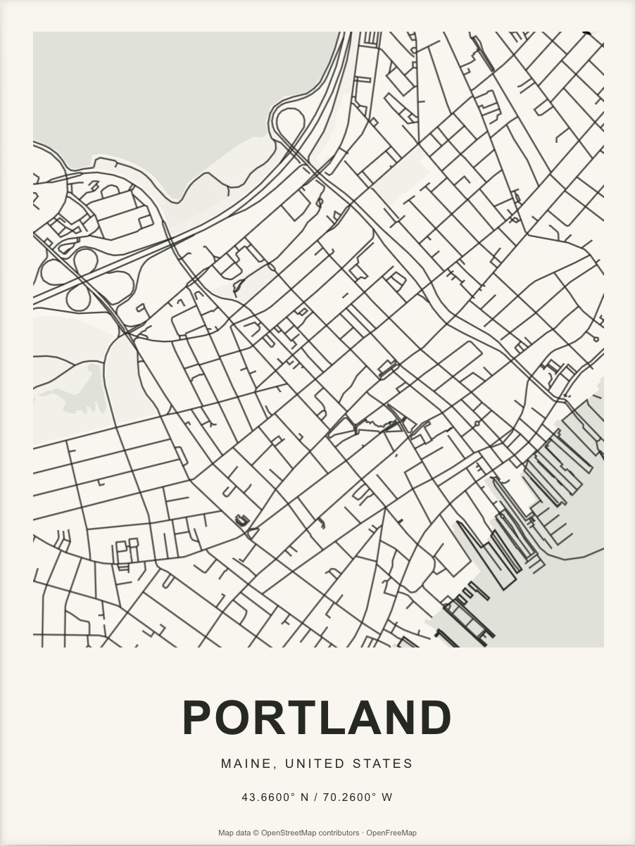 Closer Portland street map in dark ink on warm paper