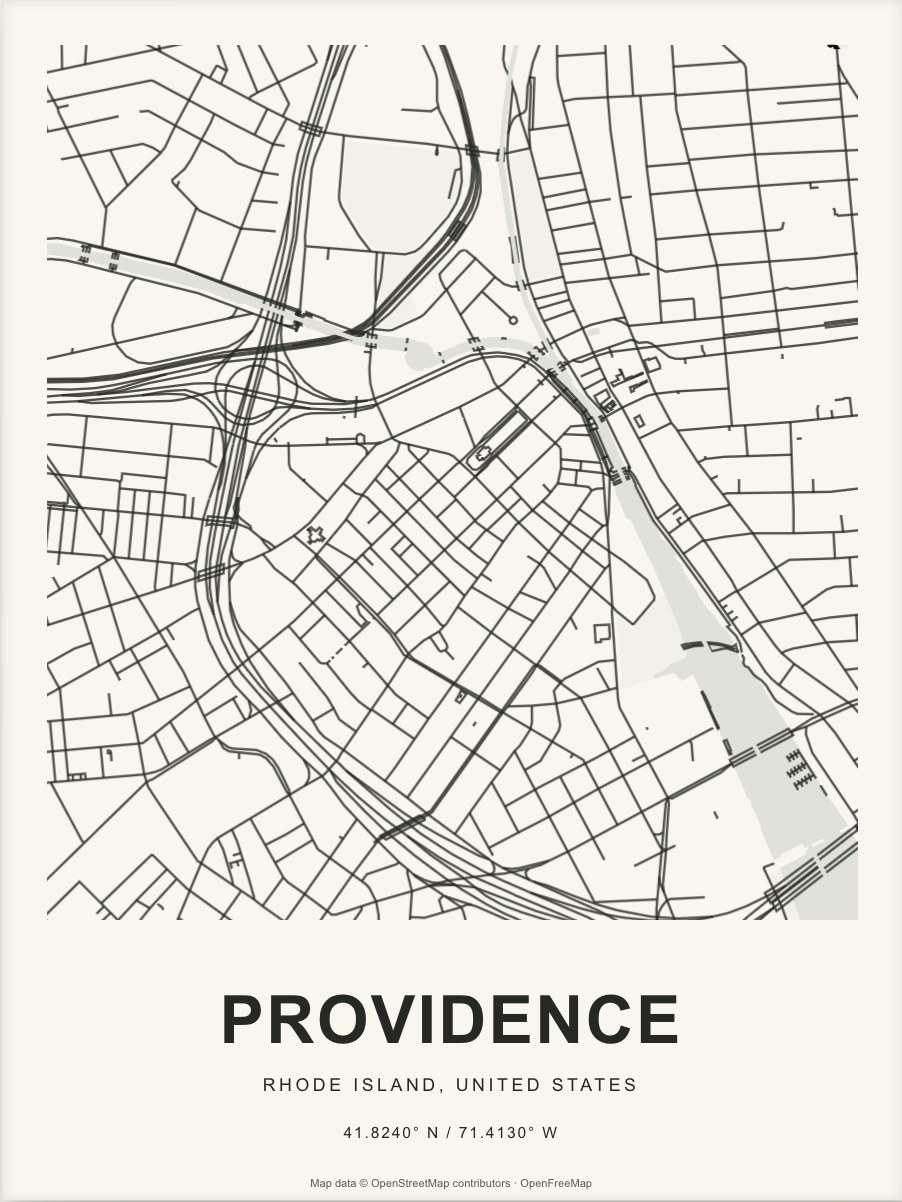 Closer Providence street map in dark ink on warm paper