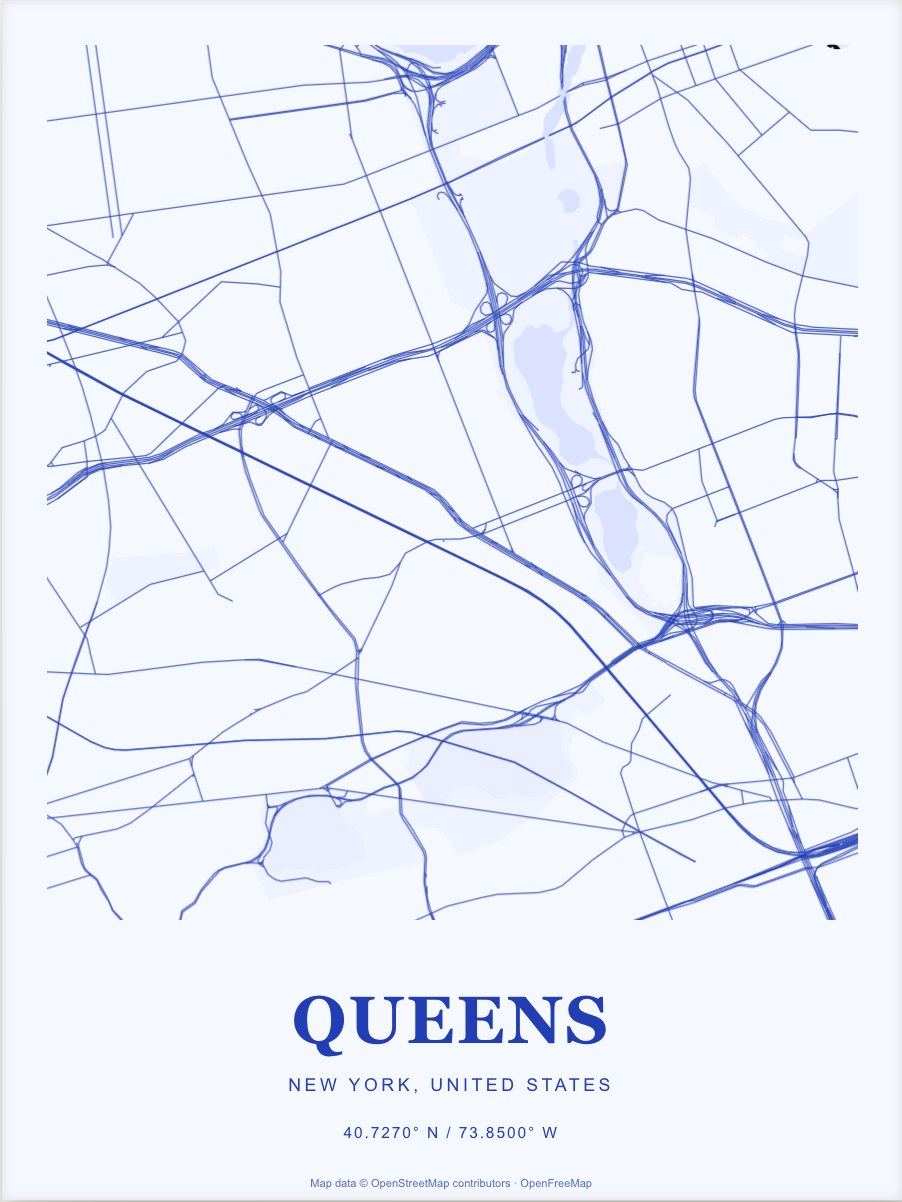 Queens street map print in Cobalt