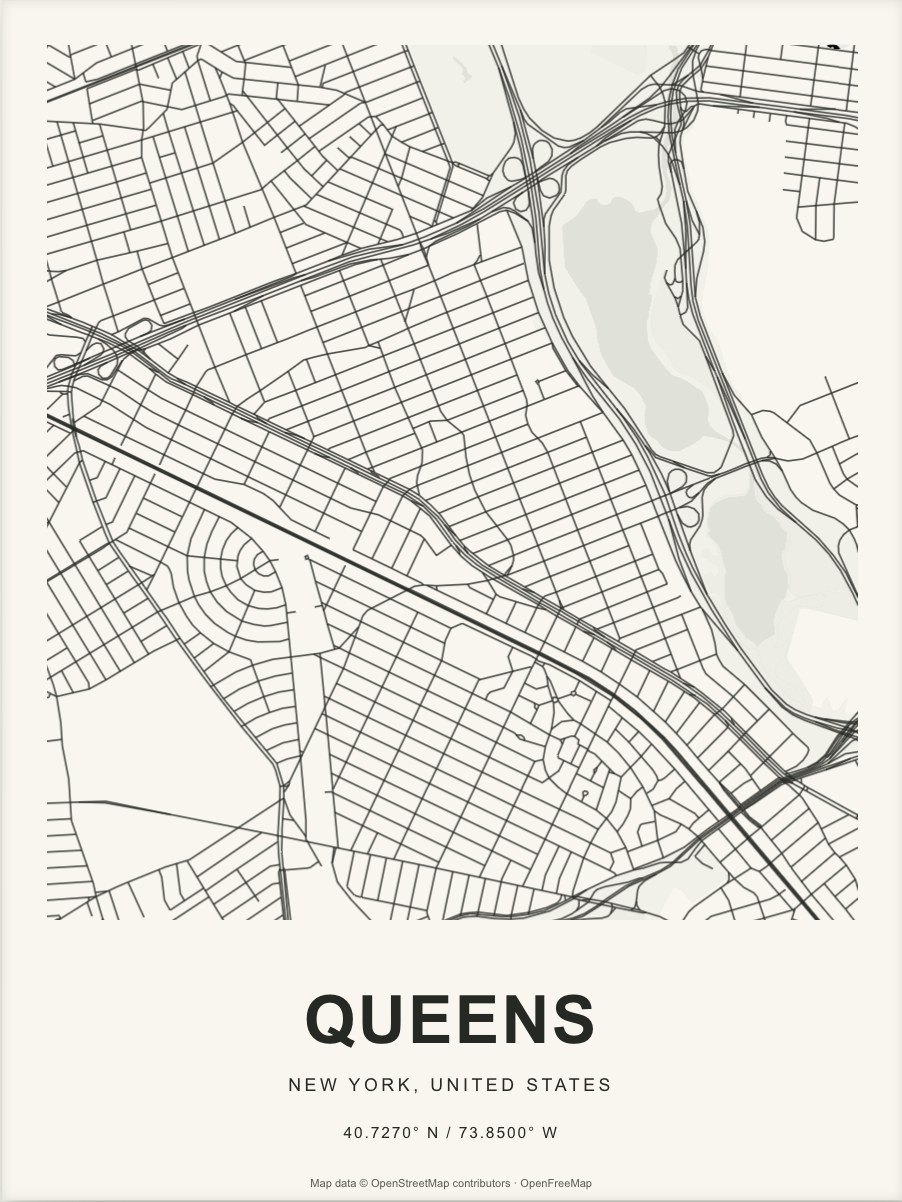 Closer Queens street map in dark ink on warm paper