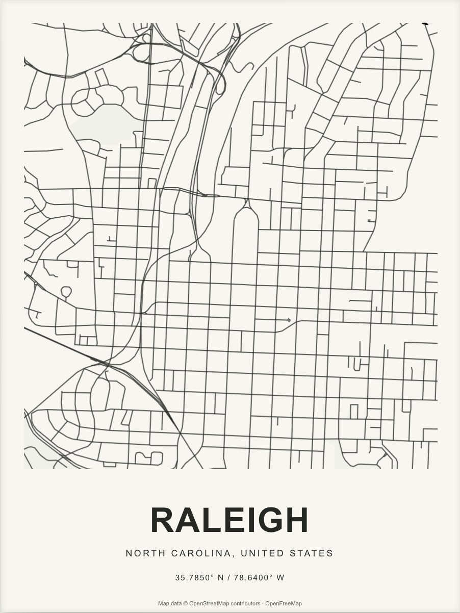 Closer Raleigh street map in dark ink on warm paper