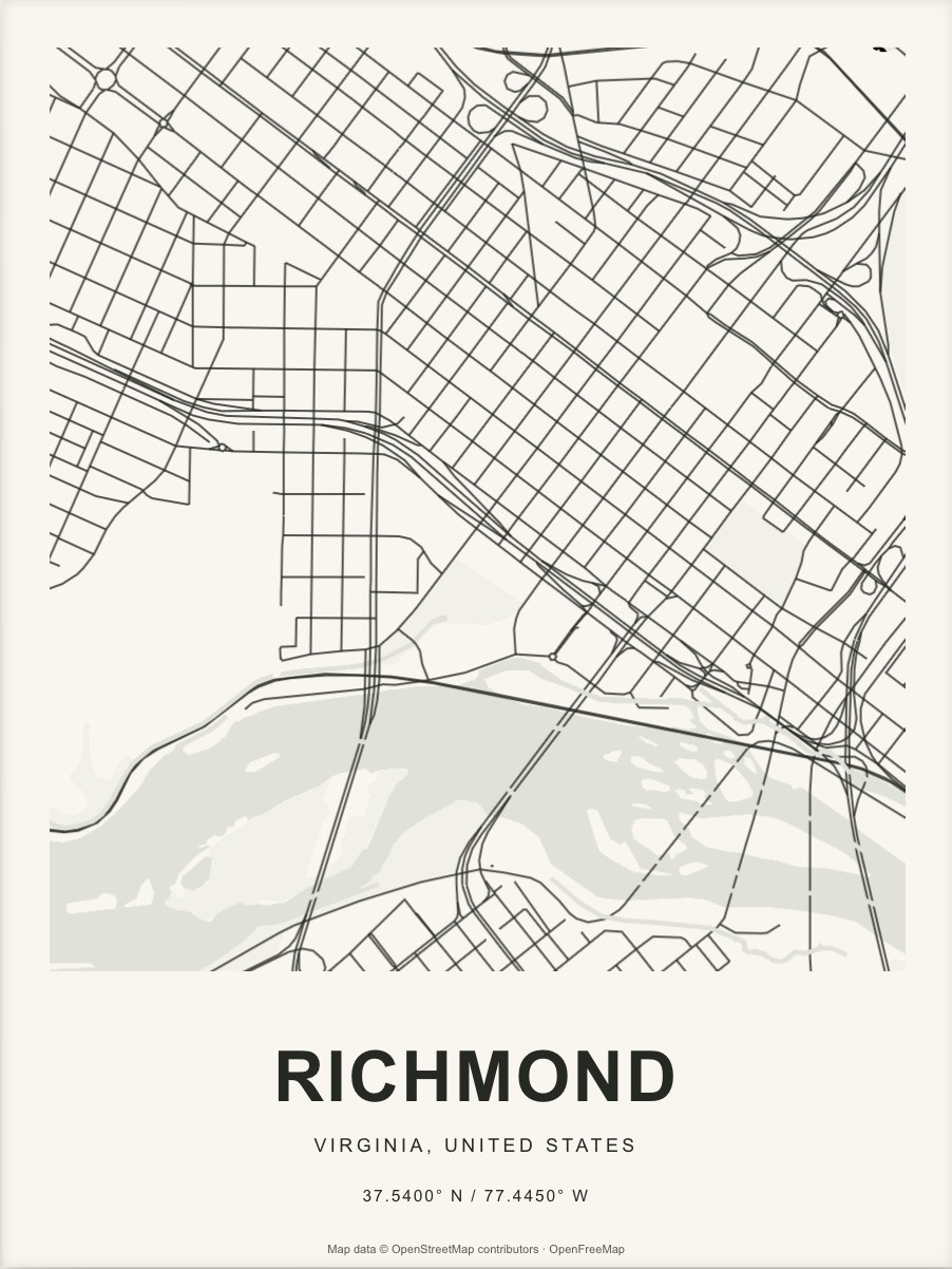 Closer Richmond street map in dark ink on warm paper