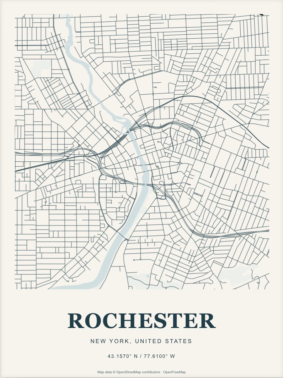 Rochester street map print in Atlantic