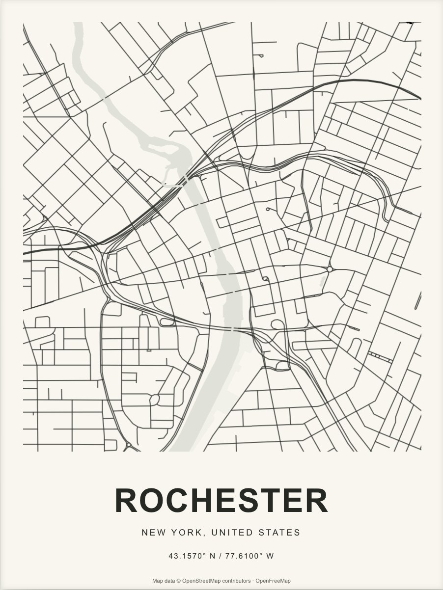 Closer Rochester street map in dark ink on warm paper
