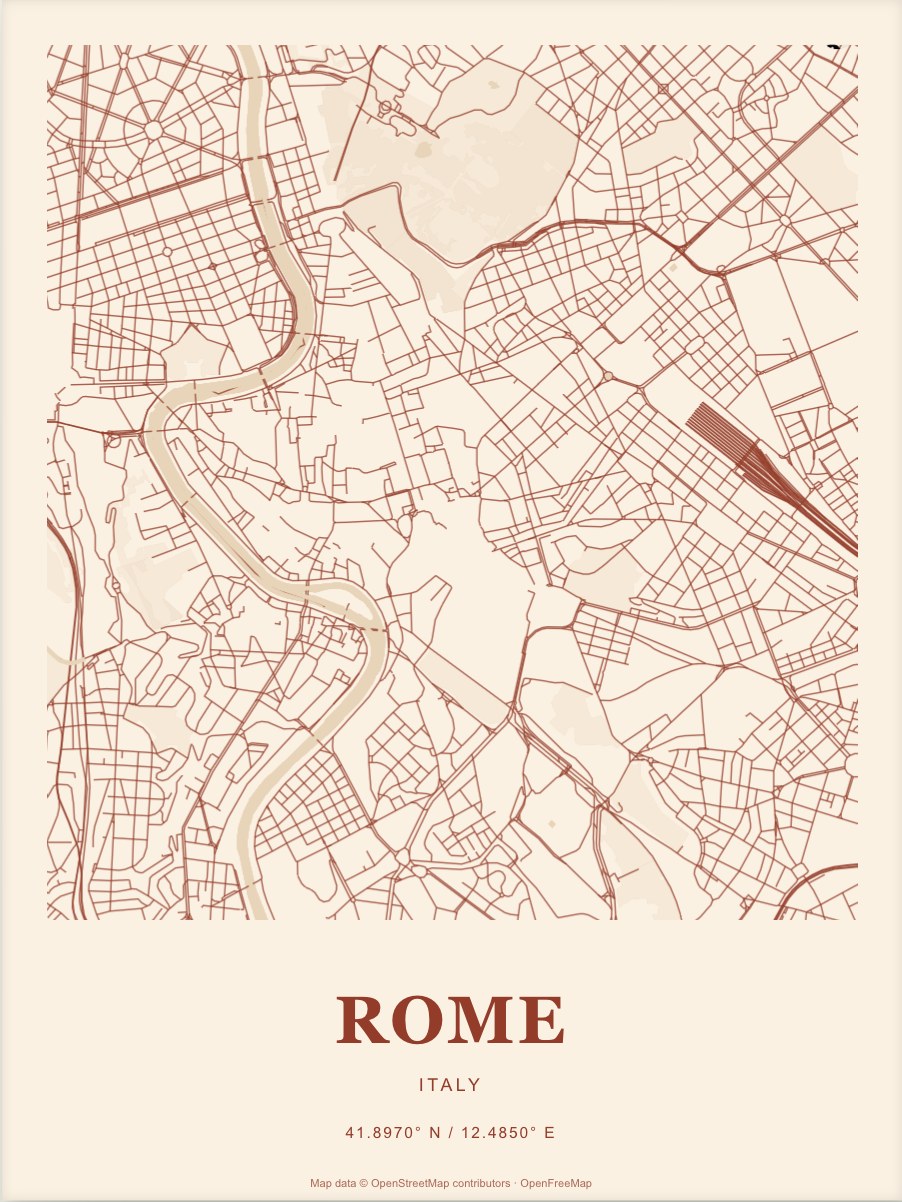 Rome street map print in Terracotta
