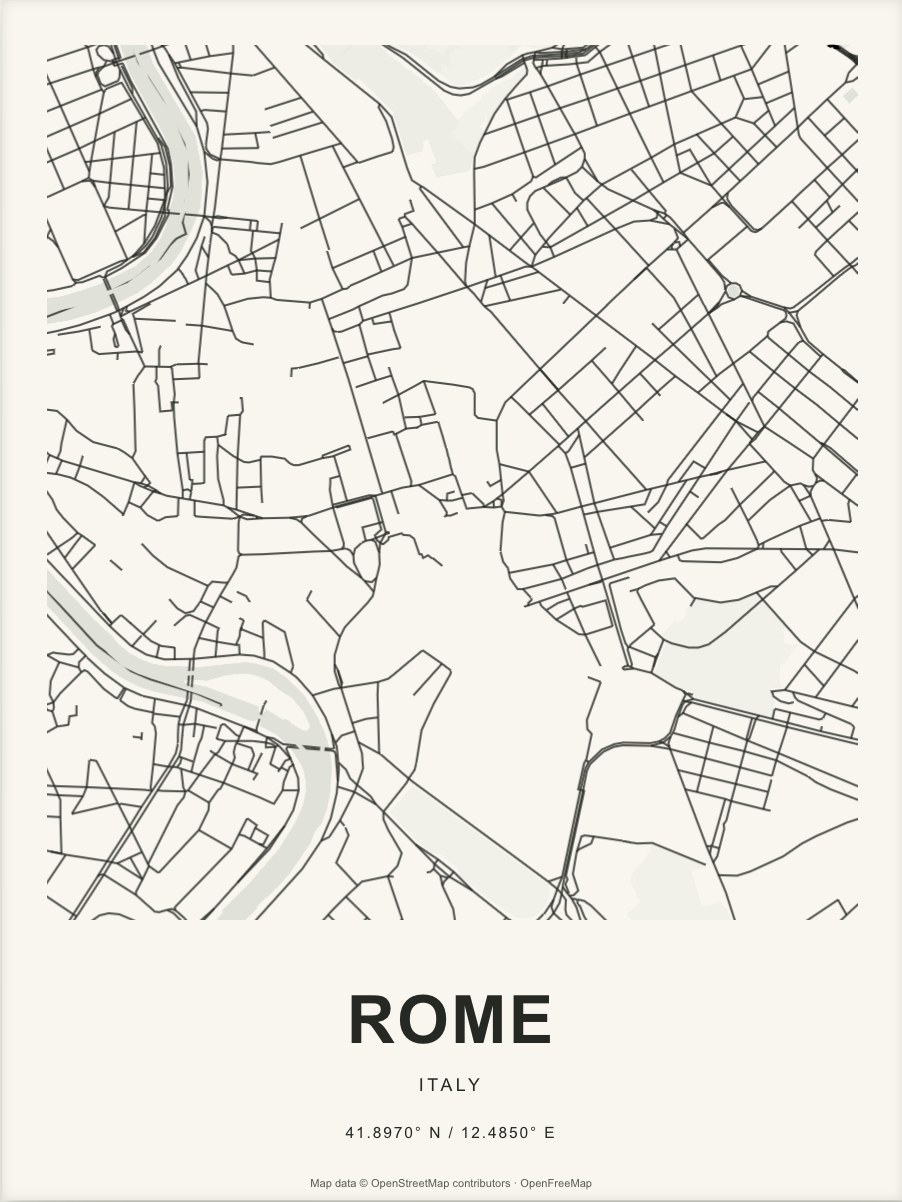 Closer Rome street map in dark ink on warm paper