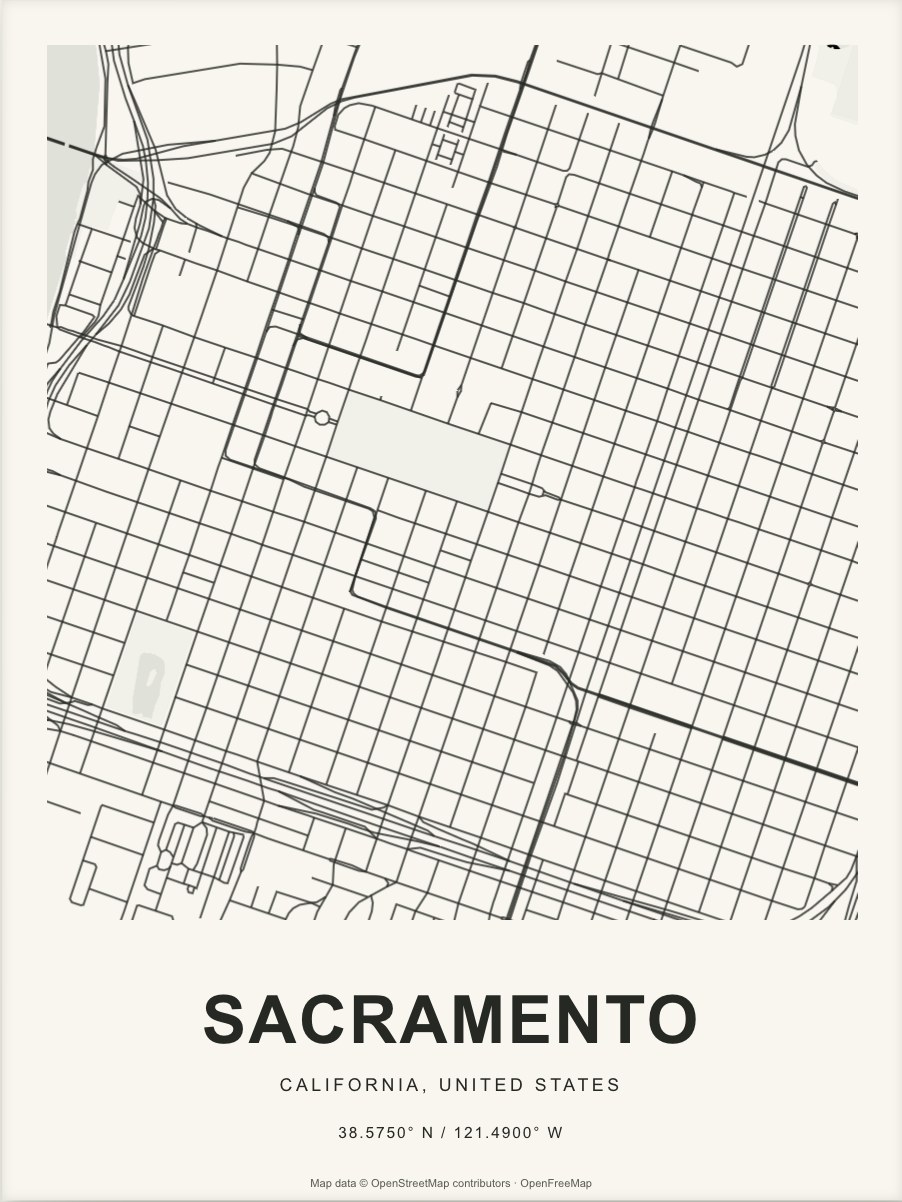 Closer Sacramento street map in dark ink on warm paper