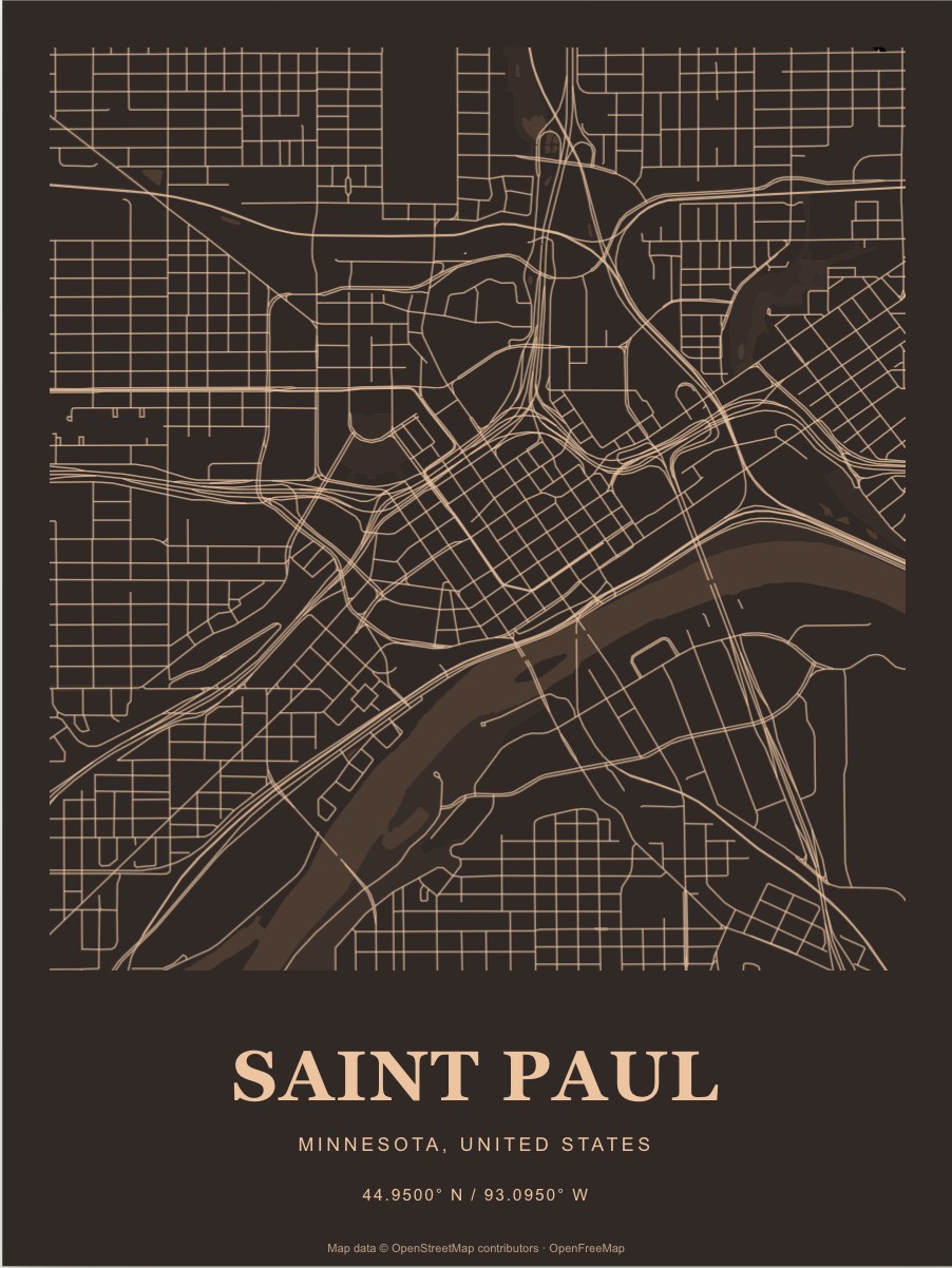 Saint Paul street map print in Copper