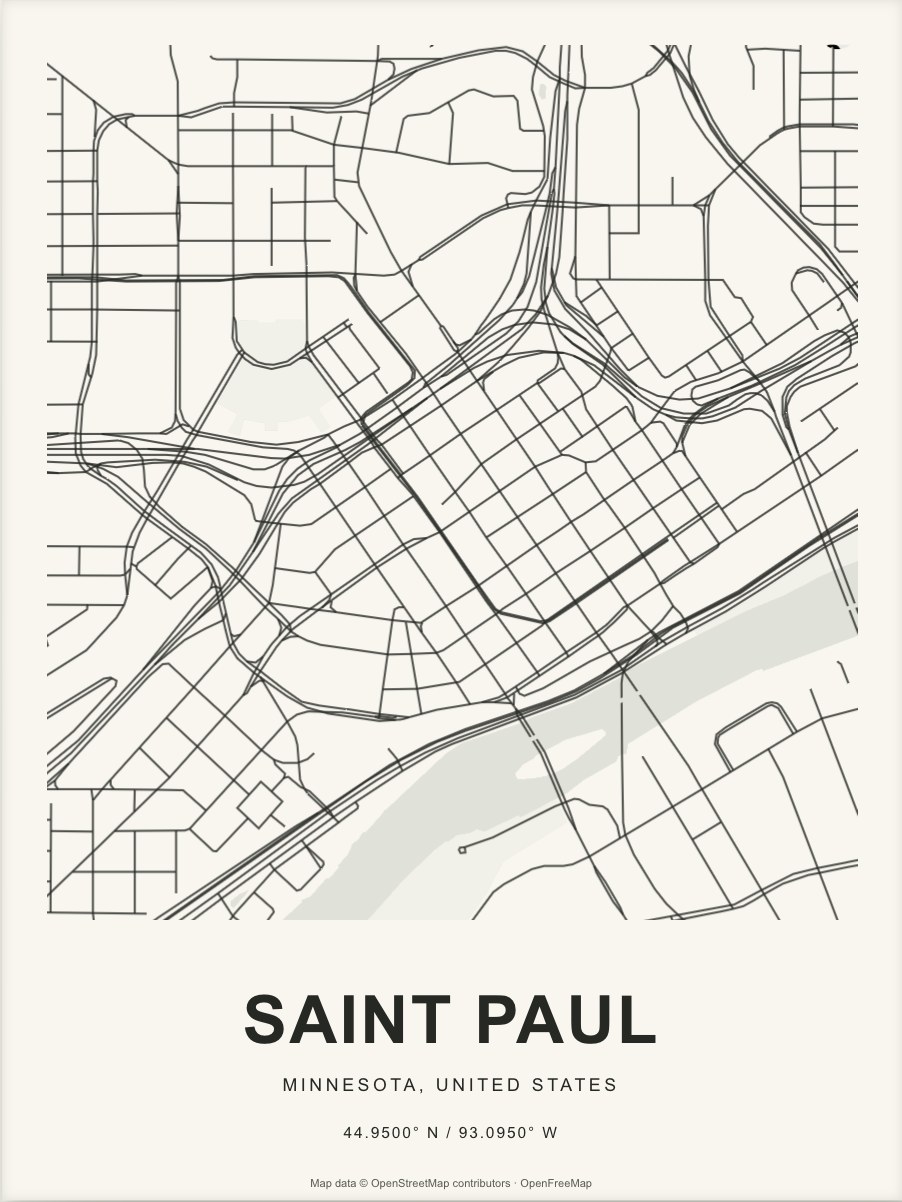 Closer Saint Paul street map in dark ink on warm paper