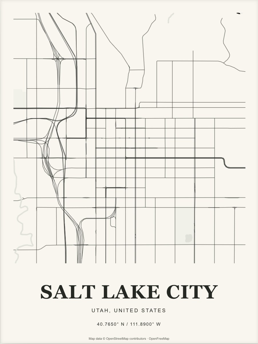 Salt Lake City street map print in Ink & paper