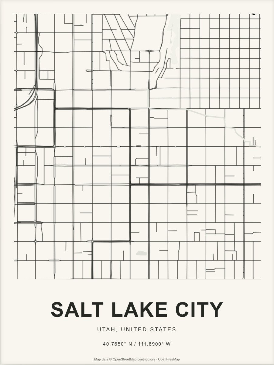 Closer Salt Lake City street map in dark ink on warm paper
