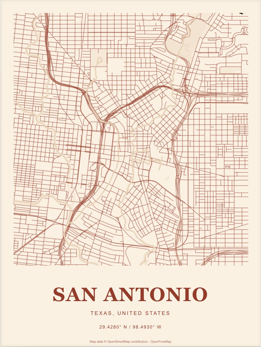 San Antonio street map print in Terracotta