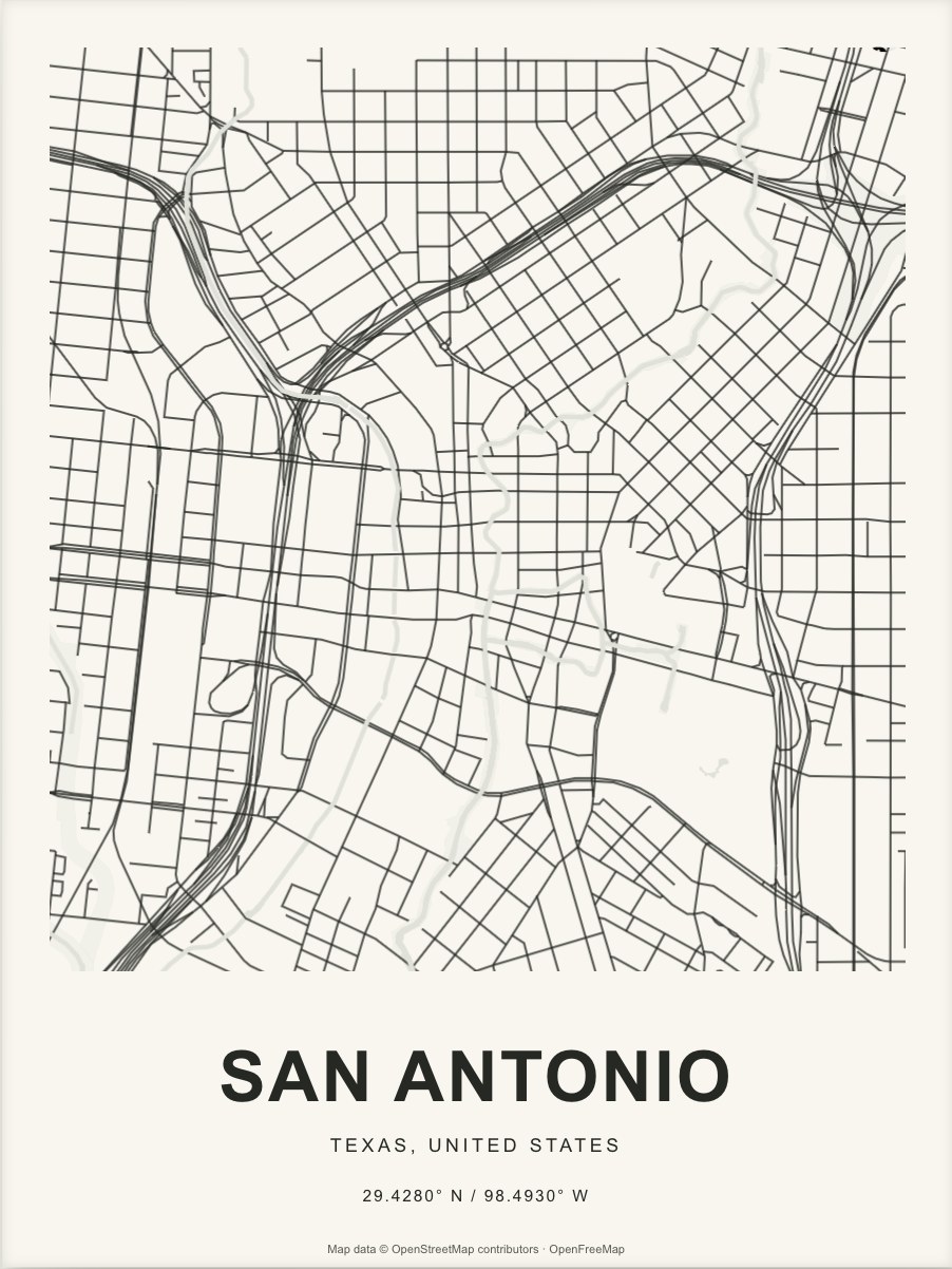 Closer San Antonio street map in dark ink on warm paper