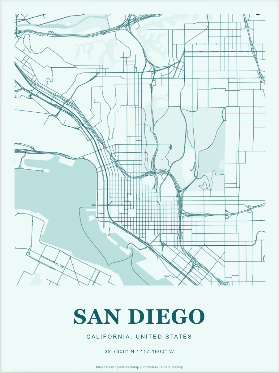 San Diego street map print in Lagoon