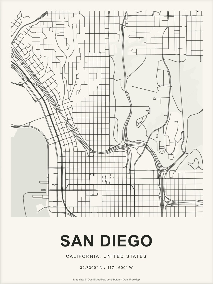Closer San Diego street map in dark ink on warm paper
