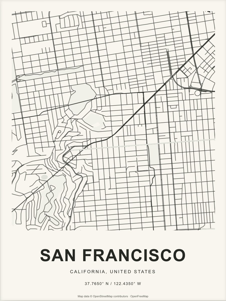 Closer San Francisco street map in dark ink on warm paper